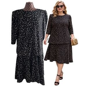Vtg 80s California Looks Dress Size 16 Black White Polka Dot Layered Shift Retro